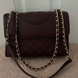 Tory Burch Large Fleming Burgendy Quilted Shoulder Bag with Gold Chain
